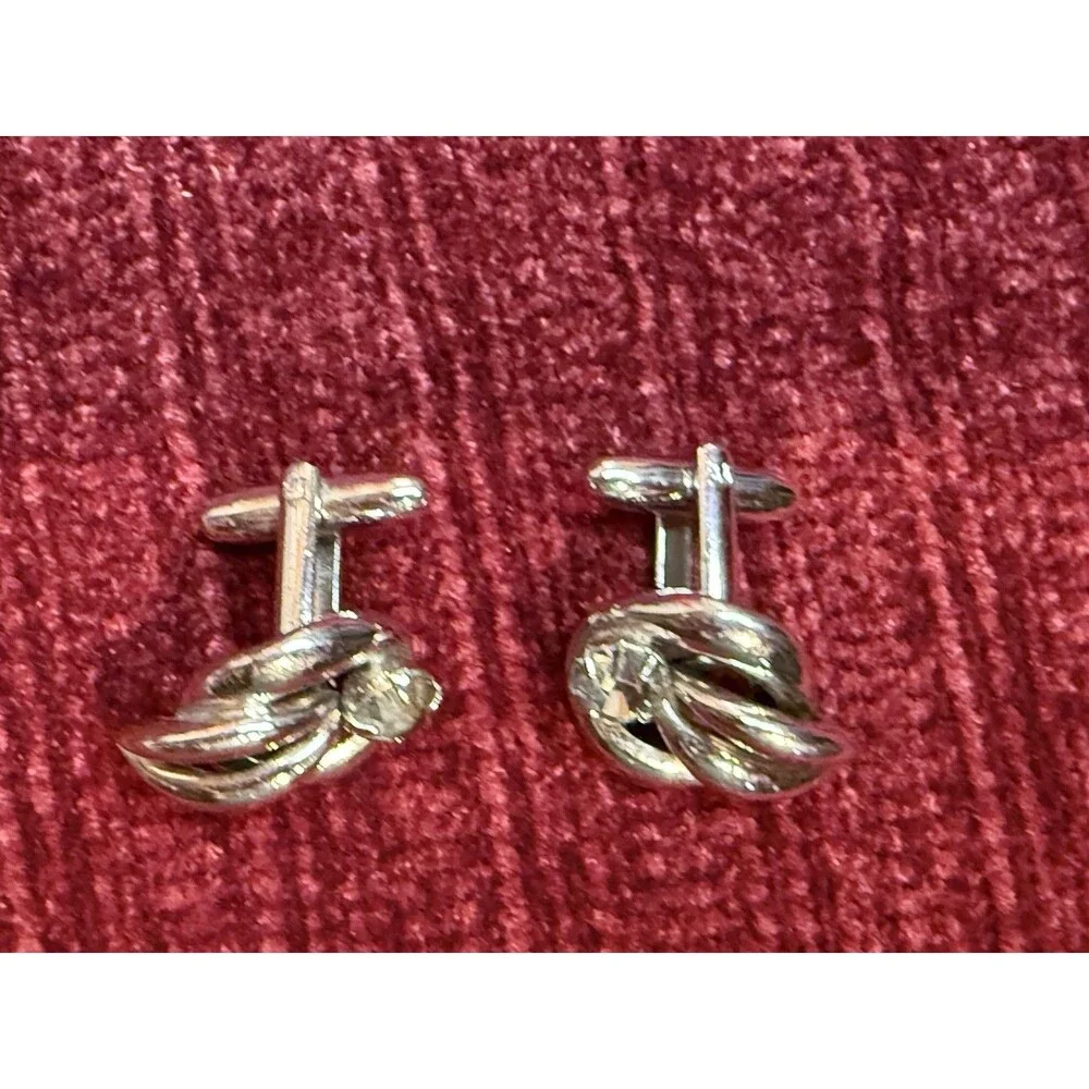 🔥Vintage Silver Tone Cufflinks Mens Rhinestone Wedding Formal Knott Ships Fast